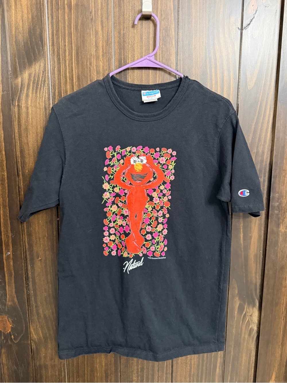 Champion Black Tee with Red Floral Graphic